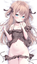 Rule 34 | 1girl, amedamacon, bare shoulders, bed sheet, bikini, black bow, blue eyes, blush, bow, brown bikini, brown eyes, collarbone, comiket 103, commentary request, cowboy shot, groin, hair between eyes, hair bow, hands up, highres, long hair, navel, original, parted lips, solo, swimsuit, two side up, very long hair