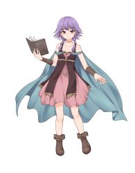 Rule 34 | 1girl, bare shoulders, blue cape, book, boots, cape, collarbone, commentary request, dress, expressionless, fire emblem, fire emblem: the sacred stones, full body, hair over shoulder, highres, holding, holding book, long hair, looking at viewer, low twintails, lute (fire emblem), miyo (ranthath), open book, purple eyes, purple hair, simple background, sleeveless, sleeveless dress, solo, twintails, white background