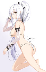 Rule 34 | 1girl, ass, azur lane, bare shoulders, barefoot, bikini, bow, breasts, butt crack, closed mouth, detached sleeves, drake (azur lane), drake (the golden hind&#039;s respite) (azur lane), from behind, hair between eyes, hair bow, halterneck, hand up, highres, large breasts, long hair, long sleeves, looking at viewer, looking back, multi-strapped bikini, ponytail, see-through, sidelocks, simple background, solo, strap gap, string bikini, swimsuit, thighs, unel, white background, white bikini, white hair, yellow eyes