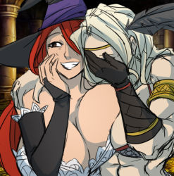 Rule 34 | 2girls, abs, amazon (dragon&#039;s crown), bare shoulders, breasts, bridal gauntlets, circlet, colorized, dragon&#039;s crown, elbow gloves, facepalm, feathers, gloves, grin, hair over one eye, hat, huge breasts, large breasts, laughing girls (meme), long hair, matsu-sensei, meme, multiple girls, muscular, muscular female, smile, sorceress (dragon&#039;s crown), witch hat