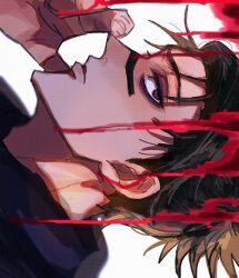 Rule 34 | 1boy, a00xm, black eyes, black hair, blood, choso (jujutsu kaisen), close-up, from side, hand on own face, hand up, highres, jujutsu kaisen, looking at viewer, male focus, parted lips, portrait, short hair, short twintails, simple background, solo, twintails, v-shaped eyebrows, white background