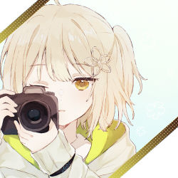 Rule 34 | 1girl, ahoge, arknights, blonde hair, camera, commentary request, dslr, expressionless, figmnts, flower, hair flower, hair ornament, holding, holding camera, hood, hoodie, infection monitor (arknights), blue background, one side up, portrait, scene (arknights), simple background, solo, upper body, white hoodie, yellow eyes