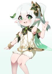 Rule 34 | 1girl, absurdres, blush, commentary request, cross-shaped pupils, detached sleeves, dress, feet out of frame, fuka (kantoku), genshin impact, gold trim, gradient background, gradient hair, green eyes, green hair, green sleeves, hair between eyes, hair ornament, highres, invisible chair, leaf hair ornament, long bangs, long hair, looking at viewer, multicolored hair, nahida (genshin impact), open mouth, pointy ears, round teeth, short dress, side ponytail, sitting, sleeveless, sleeveless dress, smile, solo, symbol-shaped pupils, teeth, upper teeth only, waving, white background, white dress, white hair