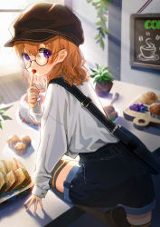 Rule 34 | 1girl, arm support, arm up, bag, blush, brown footwear, cafe, casual, denim, eating, food, food in mouth, from behind, fruit, glasses, gochuumon wa usagi desu ka?, hand on own face, hat, highres, hoto cocoa, index finger raised, indoors, legs up, light rays, long sleeves, looking at viewer, medium hair, messenger bag, orange hair, pastry, purple eyes, round eyewear, same jarashi, shorts, shoulder bag, solo, standing, standing on one leg, strawberry, table, thighhighs, thighs, wavy hair, zettai ryouiki