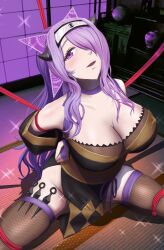 Rule 34 | 1girl, arms behind back, bare shoulders, breasts, camilla (fire emblem), camilla (ninja) (fire emblem), cleavage, fire emblem, fire emblem fates, fire emblem heroes, fishnet thighhighs, fishnets, forehead protector, hair over one eye, highres, kunai, large breasts, long hair, matoimangekyo, nintendo, official alternate costume, official alternate hairstyle, open mouth, ponytail, purple eyes, purple hair, solo, thighhighs, weapon