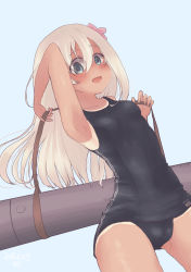 Rule 34 | 1girl, absurdres, black one-piece swimsuit, blonde hair, blue eyes, cowboy shot, flower, hair flower, hair ornament, highres, kantai collection, looking at viewer, mizunototori, one-piece swimsuit, one-piece tan, open mouth, ro-500 (kancolle), school swimsuit, shirt, solo, swimsuit, tan, tanline, torpedo launcher, white shirt