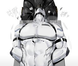 Rule 34 | 2boys, arms behind back, bara, bare pectorals, bdsm, black skin, bondage, bound, colored skin, completely nude, fellatio, heart, highres, humanoid robot, male focus, multiple boys, muscular, muscular male, no nipples, nude, oral, original, pectorals, robot, rough sex, saliva, spookcatdurrow, white background, white skin, yaoi