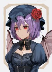 Rule 34 | 1girl, 8901maru, black bow, black bowtie, black dress, bow, bowtie, closed mouth, dress, flower, highres, purple hair, red eyes, red flower, red rose, remilia scarlet, rose, simple background, standing, touhou