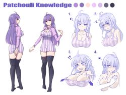Rule 34 | !?, 1girl, ?, ahoge, black thighhighs, blue bow, blunt bangs, bow, breasts, capelet, character name, character sheet, cleavage, color guide, covering breasts, covering privates, crescent, crescent hair ornament, dress, glaring, hair ornament, heart, highres, large breasts, long hair, looking at viewer, multiple views, patchouli knowledge, purple capelet, purple dress, purple eyes, purple hair, red bow, short dress, simple background, squiggle, striped clothes, striped dress, tank top, tears, thighhighs, touhou, tsukidaruma, vertical-striped clothes, vertical-striped dress, white background