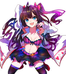 Rule 34 | 1girl, :3, ahoge, arm behind head, belt, black skirt, black thighhighs, blue eyes, blush, bow, brown hair, collarbone, commentary request, detached sleeves, frilled bustier, frilled skirt, frills, hair bow, hand in own hair, heart, highres, ichinose shiki, idolmaster, idolmaster cinderella girls, idolmaster cinderella girls starlight stage, lab coat, long hair, looking at viewer, midriff, miniskirt, navel, open mouth, pink belt, pink bow, pink bustier, pink heart, red footwear, sasai tuki, simple background, skirt, smile, solo, thigh belt, thigh strap, thighhighs, two side up, vial, white background