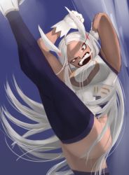 Rule 34 | 1girl, abs, angry, animal ears, armpits, arms up, artist request, ass, bare shoulders, blue background, blue thighhighs, boku no hero academia, breasts, clenched hands, crescent moon, crescent print, dark-skinned female, dark skin, eyelashes, female focus, fighting stance, gloves, high kick, highleg, highleg leotard, kicking, large breasts, leg up, legs, leotard, long eyelashes, long hair, looking at viewer, mirko, moon, muscular, muscular female, no panties, open mouth, parted bangs, rabbit ears, rabbit girl, red eyes, sidelocks, skin tight, sleeveless, standing, standing on one leg, thighhighs, thighs, two-tone leotard, white gloves, white hair, white leotard