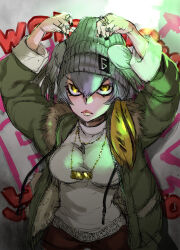 1girl ameyama_denshin arms_up beanie black_nails blonde_hair breasts brown_hair closed_mouth cowboy_shot drawstring fingernails fur-trimmed_jacket fur_trim graffiti green_jacket grey_hair hair_between_eyes hat head_wings head_wings_through_headwear highres jacket jewelry kemono_friends kemono_friends_3 lips long_hair long_sleeves looking_at_viewer multicolored_hair multiple_rings official_alternate_costume open_clothes open_jacket pendant ring shirt shoebill_(kemono_friends) shorts side_ponytail solo wings wings_through_clothes yellow_eyes