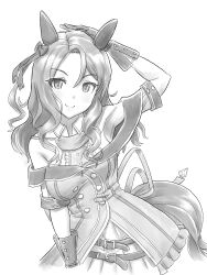 Rule 34 | 1girl, animal ears, bare shoulders, hand on own head, highres, horse ears, horse girl, horse tail, kezune (i- -i), king halo (umamusume), looking at viewer, monochrome, simple background, smile, solo, tail, umamusume, wavy hair