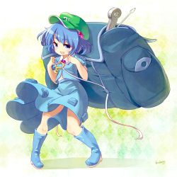 Rule 34 | 1girl, backpack, bag, blue eyes, blue hair, blueberry (5959), boots, female focus, hair bobbles, hair ornament, hat, kawashiro nitori, key, matching hair/eyes, open mouth, short hair, smile, solo, touhou, twintails, two side up