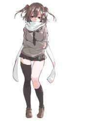 Rule 34 | 1girl, asymmetrical legwear, black neckwear, black skirt, black thighhighs, brown eyes, brown hair, brown sweater, crossed arms, hair ornament, kantai collection, rureizi, scarf, sendai (kancolle), simple background, single thighhigh, skirt, sweater, thigh gap, thighhighs, twintails, two side up, uneven legwear, white background, white scarf