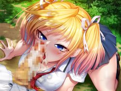 Rule 34 | 1boy, 1girl, all fours, blonde hair, blue eyes, blush, breasts, censored, cream, erection, eyebrows, fellatio, grass, hair between eyes, hair ribbon, hetero, large breasts, licking, looking down, oral, penis, pointy ears, ribbon, saliva, school uniform, shinganji kurenai, shiny skin, simple background, skirt, taimanin (series), taimanin kurenai, taimanin rpgx, tongue, tongue out, twintails, zol