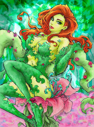 Rule 34 | 1girl, bare shoulders, batman (series), blue eyes, boots, breasts, chie (artist), cleavage, colored skin, curly hair, dc comics, elbow gloves, female focus, florakinesis, flower, gloves, green skin, green thighhighs, large breasts, leaf, leotard, lipstick, long hair, makeup, monster girl, nature, navel, orange hair, plant, plant girl, poison ivy, red hair, rose, sitting, smile, solo, thigh boots, thighhighs, wearing plant, yellow skin