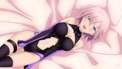 Rule 34 | 1girl, absurdres, benjoerres, blush, bodysuit, breasts, cleavage, elbow gloves, fate/grand order, fate (series), from above, gloves, gluteal fold, groin, highres, huge filesize, large breasts, lying, mash kyrielight, navel, on back, open mouth, purple hair, round teeth, short hair, solo, teeth, thighhighs, thighs