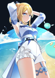 Rule 34 | 1girl, absurdres, adjusting hair, alternate costume, armpits, beach, blonde hair, blue eyes, blue sky, bow, breasts, genshin impact, hair bow, highres, jean (genshin impact), jean (sea breeze dandelion) (genshin impact), looking at viewer, medium breasts, monster, ocean, ponytail, sand, shirt tucked in, sky, solo, sunlight