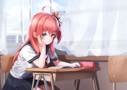 Rule 34 | absurdres, ahoge, alternate costume, blush, chair, cherry blossom print, cloud, curtains, desk, floral print, hair ornament, hairclip, hand on own cheek, hand on own face, highres, hololive, indoors, long hair, looking at viewer, notebook, nyan (reinyan 007), pink hair, sakura miko, school, school chair, school desk, school uniform, sky, solo, virtual youtuber, window, x hair ornament