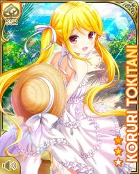 Rule 34 | 1girl, bare shoulders, blonde hair, bow, brown hat, card (medium), day, dress, earrings, flower, girlfriend (kari), hair ribbon, hat, holding, holding clothes, holding hat, jewelry, long hair, looking at viewer, looking back, official art, open mouth, outdoors, pink flower, qp:flapper, ribbon, smile, solo, standing, standing on one leg, tokitani koruri, twintails, white bow, white dress, wicker hat, yellow flower