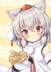 Rule 34 | 1girl, animal ear fluff, animal ears, bento, blush, breasts, commentary request, detached sleeves, hat, holding, inubashiri momiji, large breasts, long sleeves, looking at viewer, medium hair, onomiya, pom pom (clothes), red eyes, red hat, shirt, silver hair, smile, solo, tokin hat, touhou, upper body, white shirt, wide sleeves, wolf ears, yellow background