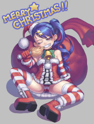 Rule 34 | 1girl, bad id, bad pixiv id, bell, blue hair, boots, brown eyes, christmas, detached sleeves, eating, food, gloves, gonster, hair ornament, hairpin, hat, long hair, meat, one eye closed, original, panties, sack, santa costume, santa hat, side ponytail, sitting, solo, spread legs, star (symbol), striped clothes, striped panties, striped thighhighs, thighhighs, underwear, wink