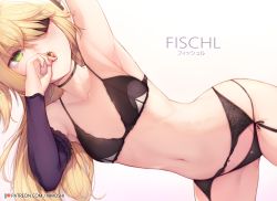 Rule 34 | 1girl, armpits, artist name, black bra, black choker, black panties, blonde hair, bra, breasts, character name, choker, collarbone, commentary, detached sleeves, eating, english commentary, eyepatch, female focus, fischl (genshin impact), flat chest, food, fruit, garter belt, genshin impact, green eyes, kimoshi, long hair, long sleeves, navel, one eye covered, open mouth, panties, patreon logo, saliva, simple background, small breasts, solo, stomach, strawberry, sweat, underwear, underwear only, watermark, web address, white background