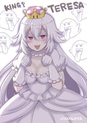 Rule 34 | 1girl, :p, blush, boo (mario), breasts, character name, cleavage, collarbone, commentary request, crown, dress, fangs, frilled dress, frilled gloves, frilled sleeves, frills, ghost, gloves, half-closed eyes, hands up, highres, large breasts, long hair, looking at viewer, luigi&#039;s mansion, mario (series), new super mario bros. u deluxe, nintendo, princess king boo, purple eyes, sakurai makoto (custom size), short sleeves, super crown, tongue, tongue out, twitter username, white dress, white gloves, white hair