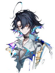 Rule 34 | 1boy, absurdres, arknights, black choker, black hair, blue hair, choker, closed mouth, colored inner hair, dongsheng, earrings, freckles, highres, infection monitor (arknights), jewelry, looking at viewer, lumen (arknights), lumen (golden dream) (arknights), male focus, multicolored hair, open clothes, open shirt, orange eyes, pointy ears, shirt, simple background, smile, solo, white background, white shirt