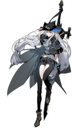Rule 34 | 1girl, arknights, belt, black cape, black capelet, black gloves, black hat, black pants, boots, brown footwear, cape, capelet, chinese commentary, closed mouth, clothing cutout, commentary request, expressionless, full body, gloves, grey shirt, hat, highres, long hair, low-tied long hair, midriff peek, pants, red eyes, shirt, silver hair, simple background, skadi (arknights), solo, sword, thigh cutout, very long hair, weapon, white background, xiandao1213