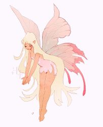 Rule 34 | 1girl, bare arms, bare legs, barefoot, blonde hair, censored, closed eyes, closed mouth, commentary, dress, english commentary, expressionless, eyelashes, fairy, fairy wings, full body, heart, heart censor, highres, leaning, libbyframe, lipstick, long hair, makeup, original, outstretched arms, own hands together, pink dress, pink wings, pointy ears, red lips, short dress, simple background, solo, sparkle, strapless, strapless dress, tan, torn clothes, torn dress, very long hair, white background, wings