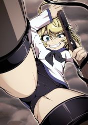 Rule 34 | 1girl, ahoge, arm up, ass, blonde hair, blue eyes, blue one-piece swimsuit, brown thighhighs, cameltoe, commentary request, cosplay, cowboy shot, crazy eyes, finger on trigger, from below, grin, gun, hair between eyes, hassen (8cm), holding, holding gun, holding weapon, long sleeves, looking at viewer, machine gun, midair, military, military uniform, miyafuji yoshika, miyafuji yoshika (cosplay), neckerchief, one-piece swimsuit, pov, pov crotch, school swimsuit, school uniform, shiny clothes, smile, solo, spread legs, strike witches, striker unit, swimsuit, swimsuit under clothes, tanya degurechaff, teeth, thighhighs, uniform, weapon, world witches series, youjo senki
