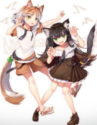 Rule 34 | 2girls, animal ear fluff, animal ears, ankle boots, arms up, black hair, black neckwear, boots, bracelet, brown footwear, brown hair, brown shorts, brown skirt, cat ears, cat tail, claw pose, commentary request, contrapposto, fangs, fingernails, gradient hair, green eyes, green nails, gunjou row, hair ribbon, highres, jewelry, long hair, loose necktie, multicolored hair, multiple girls, nail polish, necktie, nyan, original, outstretched arm, paw print, petticoat, red hair, ribbon, sandals, sharp fingernails, shirt, shorts, simple background, skirt, slit pupils, standing, swept bangs, tail, tail ornament, tail ribbon, very long hair, white background, white hair, white shirt, yellow eyes, yellow nails