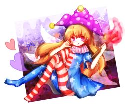 Rule 34 | 1girl, american flag dress, american flag legwear, american flag shirt, blonde hair, clownpiece, fairy wings, full body, gradient background, hat, heart, jester cap, long hair, mayo (mayomr29), pantyhose, purple background, purple eyes, short sleeves, solo, star (symbol), striped clothes, striped pantyhose, tongue, tongue out, torch, touhou, very long hair, wings