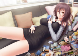 Rule 34 | 1girl, absurdres, black dress, book, book stack, breasts, brown eyes, brown hair, clock, closed mouth, couch, curtains, cushion, day, detached sleeves, digital clock, dress, hair between eyes, highres, holding, holding book, indoors, large breasts, light smile, long hair, long sleeves, looking at viewer, lying, masatoki, on back, open book, original, sleeves past wrists, solo, very long hair, window, windowsill