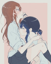 Rule 34 | 2girls, black hair, black skirt, blue hair, blue shirt, blush, border, brown hair, brown sweater vest, collared shirt, commentary request, from side, gradient hair, grey border, hand on another&#039;s shoulder, kissing breast, long hair, miyama09215, multicolored hair, multiple girls, open clothes, open shirt, original, parted lips, pink background, school uniform, shirt, short ponytail, skirt, sleeves rolled up, sweater vest, yuri