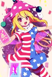 Rule 34 | 1girl, :d, alternate legwear, american flag dress, american flag legwear, bad id, bad twitter id, blonde hair, blush, breasts, card, clownpiece, cowboy shot, fairy wings, fang, frilled shirt collar, frills, hat, jester cap, joker (playing card), long hair, looking at viewer, open mouth, outstretched arms, pantyhose, pink eyes, playing card, polka dot, print pantyhose, short sleeves, small breasts, smile, solo, spread arms, star-shaped pupils, star (symbol), striped clothes, striped pantyhose, symbol-shaped pupils, touhou, very long hair, wings, you (noanoamoemoe)