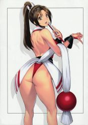 Rule 34 | 1girl, absurdres, ass, back, backless outfit, bare back, breasts, bridal gauntlets, brown eyes, brown hair, curvy, fatal fury, from behind, frown, hair ribbon, hand on own hip, high ponytail, highres, hip focus, homare (fool&#039;s art), huge filesize, japanese clothes, kneepits, large breasts, legs, long hair, looking at viewer, ninja, panties, ponytail, red panties, ribbon, sash, scan, shiranui mai, simple background, smile, solo, standing, the king of fighters, thighs, thong, underwear