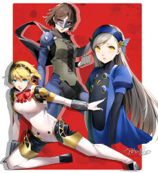 Rule 34 | 3girls, absurdres, aegis (persona), android, black hairband, black scarf, blonde hair, blue dress, blue hairband, bodysuit, bow, bowtie, braid, brown hair, commentary request, cropped torso, crown braid, dress, eye mask, grey hair, hairband, headphones, highres, joints, lavenza (persona 5), lips, long hair, looking at viewer, mask, masked, multiple girls, nakano maru, niijima makoto, persona, persona 3, persona 5, pink lips, puffy sleeves, red bow, red bowtie, robot, robot ears, robot joints, scarf, short hair, shoulder spikes, spikes, swept bangs, yellow eyes