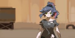 Rule 34 | 1girl, animal ears, arknights, black shirt, blood, blue hair, blurry, cat ears, commentary, depth of field, extra ears, green eyes, highres, jessica (arknights), looking at viewer, multicolored hair, pink hair, ponytail, shinnasuka025, shirt, solo, streaked hair, torn clothes, torn shirt, upper body