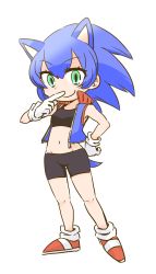 Rule 34 | 1girl, animal ears, arm behind back, bare arms, bare legs, bare shoulders, big hair, bike shorts, black shorts, black sports bra, blue hair, chibi, closed mouth, collared vest, extra ears, full body, genderswap, genderswap (mtf), gloves, green eyes, hair between eyes, hand up, hedgehog ears, hedgehog tail, high collar, humanization, kemono friends, looking at viewer, navel, open clothes, parody, personification, shishia, shoes, shorts, sidelocks, simple background, smile, solo, sonic (series), sonic the hedgehog, spiked hair, sports bra, standing, stomach, style parody, tail, vest, white background, white gloves