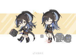 Rule 34 | 1girl, :d, arknights, armlet, bare shoulders, belt, black dress, black eyes, black footwear, black gloves, black hair, black nails, blacknight (arknights), blue hair, boots, chibi, closed eyes, creature, crossed bandaids, dress, earrings, elbow gloves, fang, gloves, high heel boots, high heels, highres, horns, infection monitor (arknights), jewelry, knee boots, long hair, looking at viewer, mole, mole above eye, multicolored hair, multiple views, nail polish, open mouth, partially fingerless gloves, pointy ears, ponytail, single earring, sleeveless, sleeveless dress, smile, sweatdrop, tail, two-tone background, two-tone hair, very long hair, wenquangua, white background, yellow background