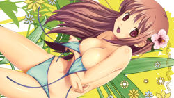 Rule 34 | 1girl, bikini, breasts, brown eyes, brown hair, cropped, flower, hair ornament, hibiscus, highres, koutaro, large breasts, nipples, open mouth, shiny skin, smile, solo, swimsuit, undressing, wallpaper