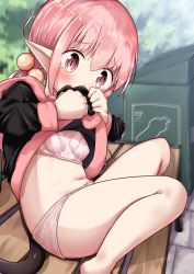Rule 34 | 1girl, bare legs, barefoot, bench, black hoodie, blush, bra, breasts, clothes lift, commentary request, covered mouth, day, feet out of frame, hair bobbles, hair ornament, highres, hood, hood down, hoodie, hoodie lift, lifted by self, long hair, looking at viewer, low twintails, mochiyuki, navel, on bench, original, outdoors, panties, park bench, pink hair, red eyes, small breasts, solo, star (symbol), star print, training bra, trash can, twintails, underwear, wavy eyebrows, white bra, white panties