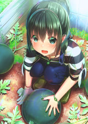 Rule 34 | 1girl, :d, aiuabo, black hair, blush, food, fruit, garden, gardening, green eyes, green nails, hair between eyes, highres, looking at viewer, nail polish, open mouth, original, overalls, ponytail, sidelocks, smile, solo, squatting, watermelon
