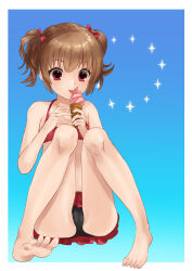 Rule 34 | 1girl, absurdres, alternate costume, bare arms, bare legs, barefoot, bikini, blue background, blush, border, bow, brown hair, cameltoe, closed mouth, commentary request, eyes visible through hair, feet, food, frilled bikini, frills, full body, grisaia (series), grisaia no kajitsu, hair between eyes, hair bow, highres, holding, holding food, holding ice cream, ice cream, irisu makina, knees together feet apart, knees up, looking at food, red bikini, red bow, red eyes, short hair, simple background, sitting, smile, solo, sparkle, swimsuit, tareme, toes, two side up, wakabaneko, white border