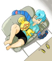 Rule 34 | 2boys, arms (game), barefoot, blue hair, blue shirt, casual, cobushii (arms), controller, couch, closed eyes, frisbee (frisbee aop), from above, full body, game controller, joy-con, long arms, male focus, multiple boys, open mouth, pompadour, robot, shirt, shorts, sleeping, spring man (arms), t-shirt