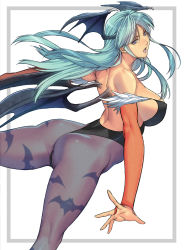 Rule 34 | 1girl, animal print, aqua hair, ass, back, bare shoulders, bat print, bat wings, blue eyes, blush, breasts, bridal gauntlets, capcom, covered erect nipples, demon girl, green hair, head wings, highres, homare (fool&#039;s art), huge ass, kneepits, large breasts, legs, leotard, long hair, looking back, morrigan aensland, open mouth, outstretched arms, pantyhose, patterned legwear, print pantyhose, sideboob, simple background, solo, standing, thighs, vampire (game), white background, wings