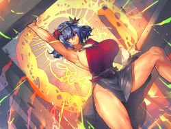 Rule 34 | 1girl, adapted costume, alternate costume, arm up, armpits, autumn leaves, backlighting, black skirt, blue hair, breasts, curvy, dual wielding, energy, eyes visible through hair, grin, highres, holding, huge breasts, lake, legs, long skirt, looking at viewer, melon22, mirror, mountain, muscular, muscular female, neck, no bra, onbashira, perspective, red eyes, rope, rope necklace, shiny clothes, shiny skin, short hair, side slit, sideboob, silhouette, single sleeve, skirt, sky, smile, solo, sunset, thick thighs, thighs, touhou, wide hips, yasaka kanako